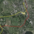 Dopravn� situace na karvinsku. �lut� je zna�ena p�vodn� trasa �zkorozchodn� tramvaje Fry�t�t-Karvinn�-Bohum�n,Karvinn�-Ostrava. �erven� zru�en� �sek a hn�d� existuj�c� a provozn� �sek m�stn� �elezn��n� trat� Karvinn�-Darkov-Fry�t�t-Petrovice.